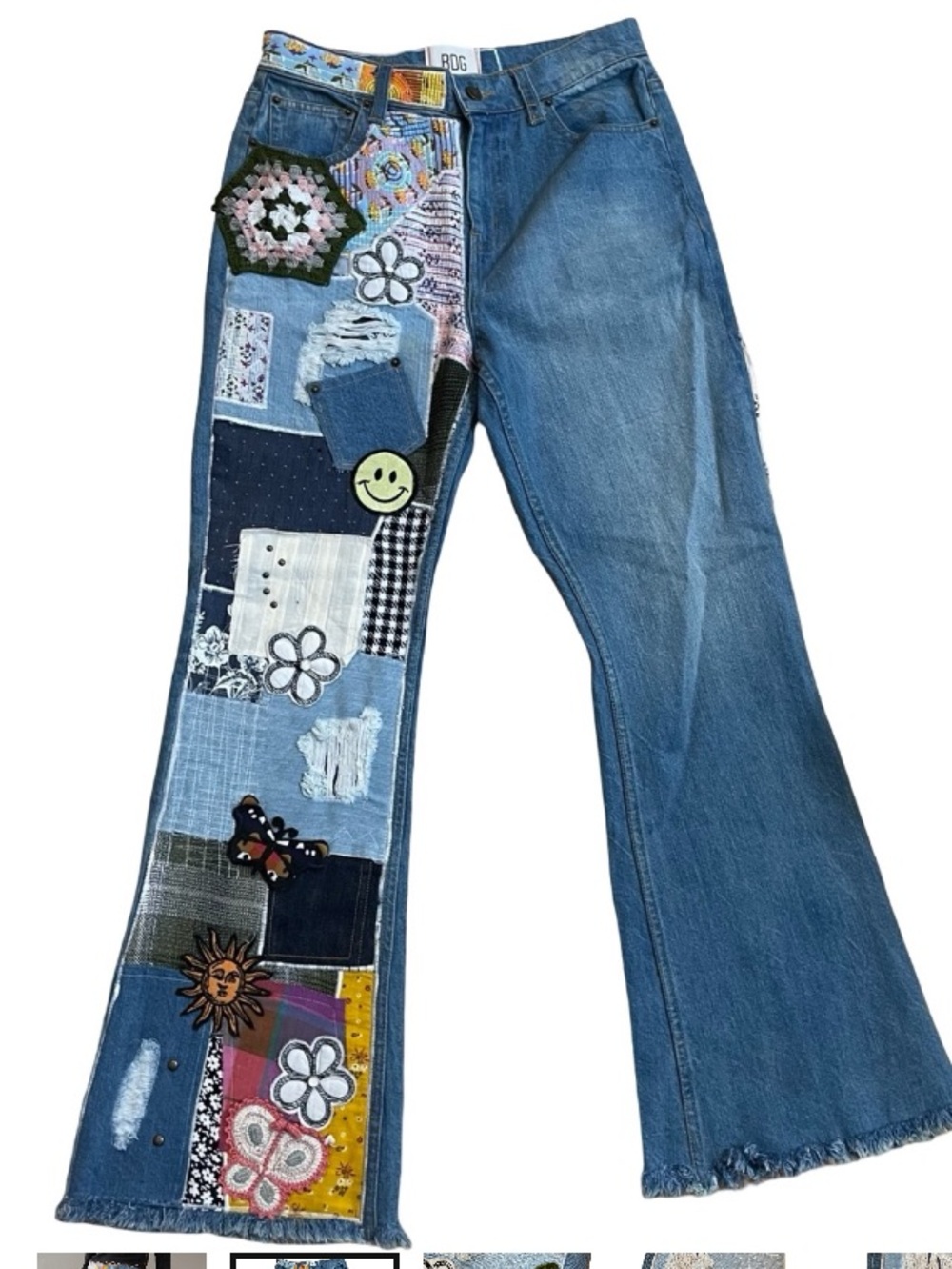 BDG Blue Patchwork Flare Jeans with Multi-Color Appliqués